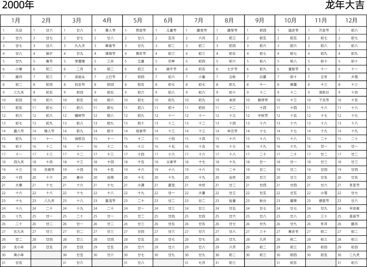 模板[DF002] 日历表 2000年 日历 中文版 带农历 带节假日调休安排