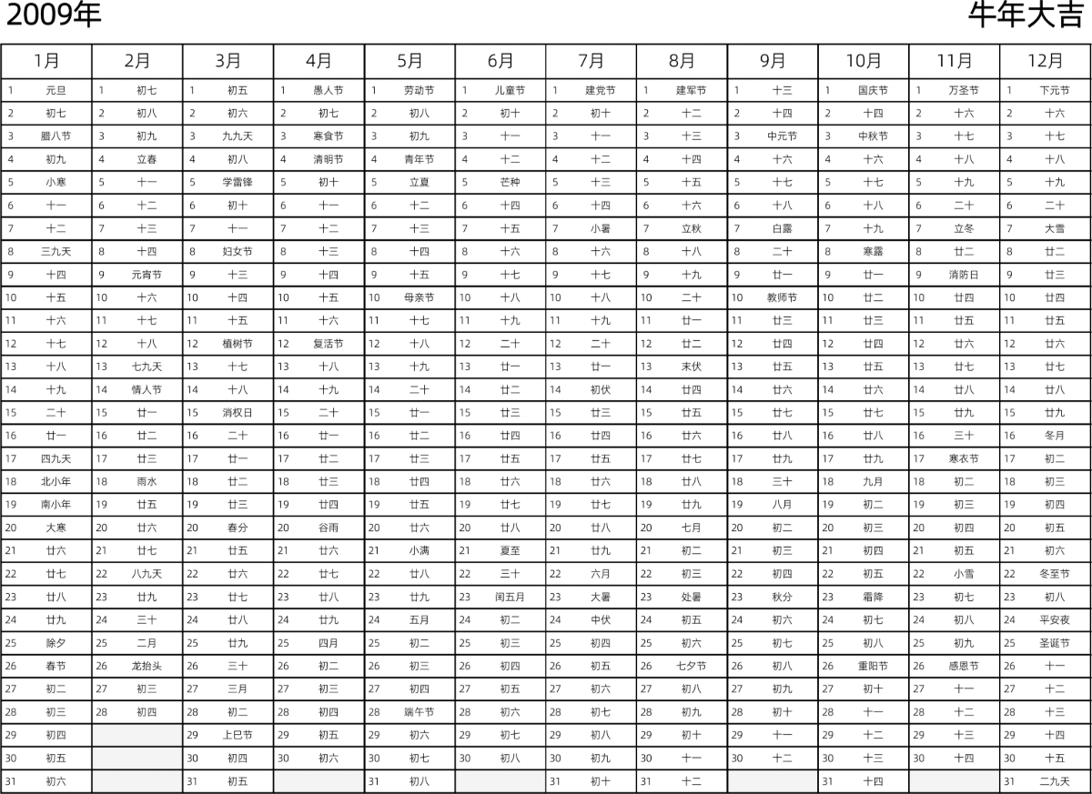 模板[DF002] 日历表 2009年 日历 中文版 带农历 带节假日调休安排