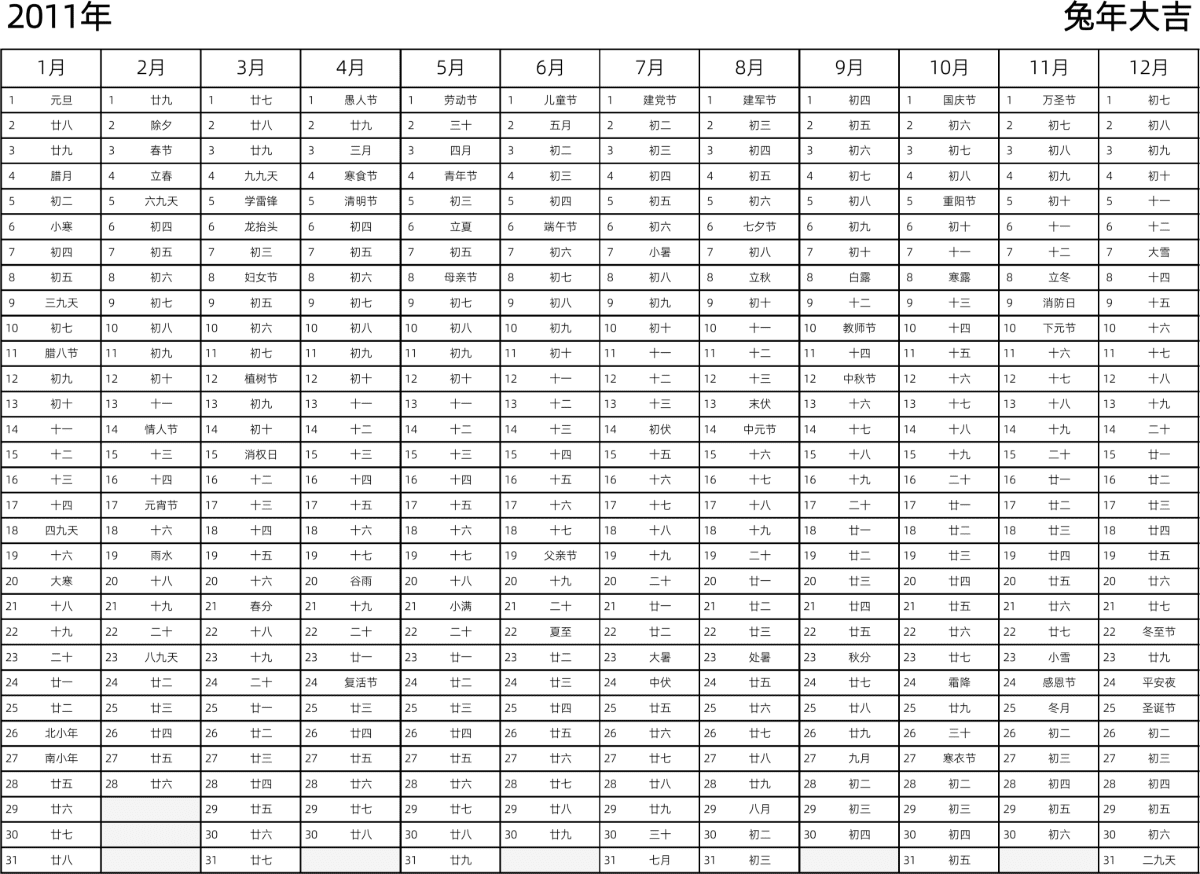 模板[DF002] 日历表 2011年 日历 中文版 带农历 带节假日调休安排