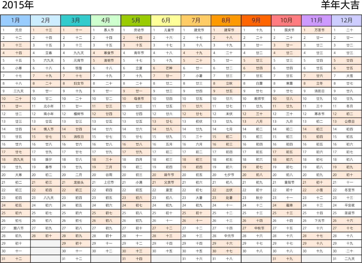 模板[DF002] 日历表 2015年 日历 中文版 带农历 带节假日调休安排 彩色系列