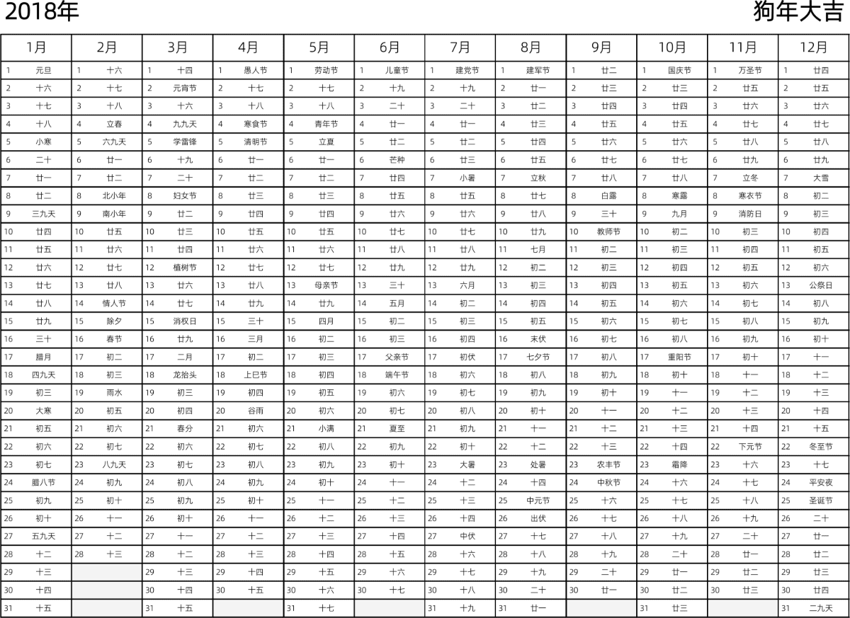 模板[DF002] 日历表 2018年 日历 中文版 带农历