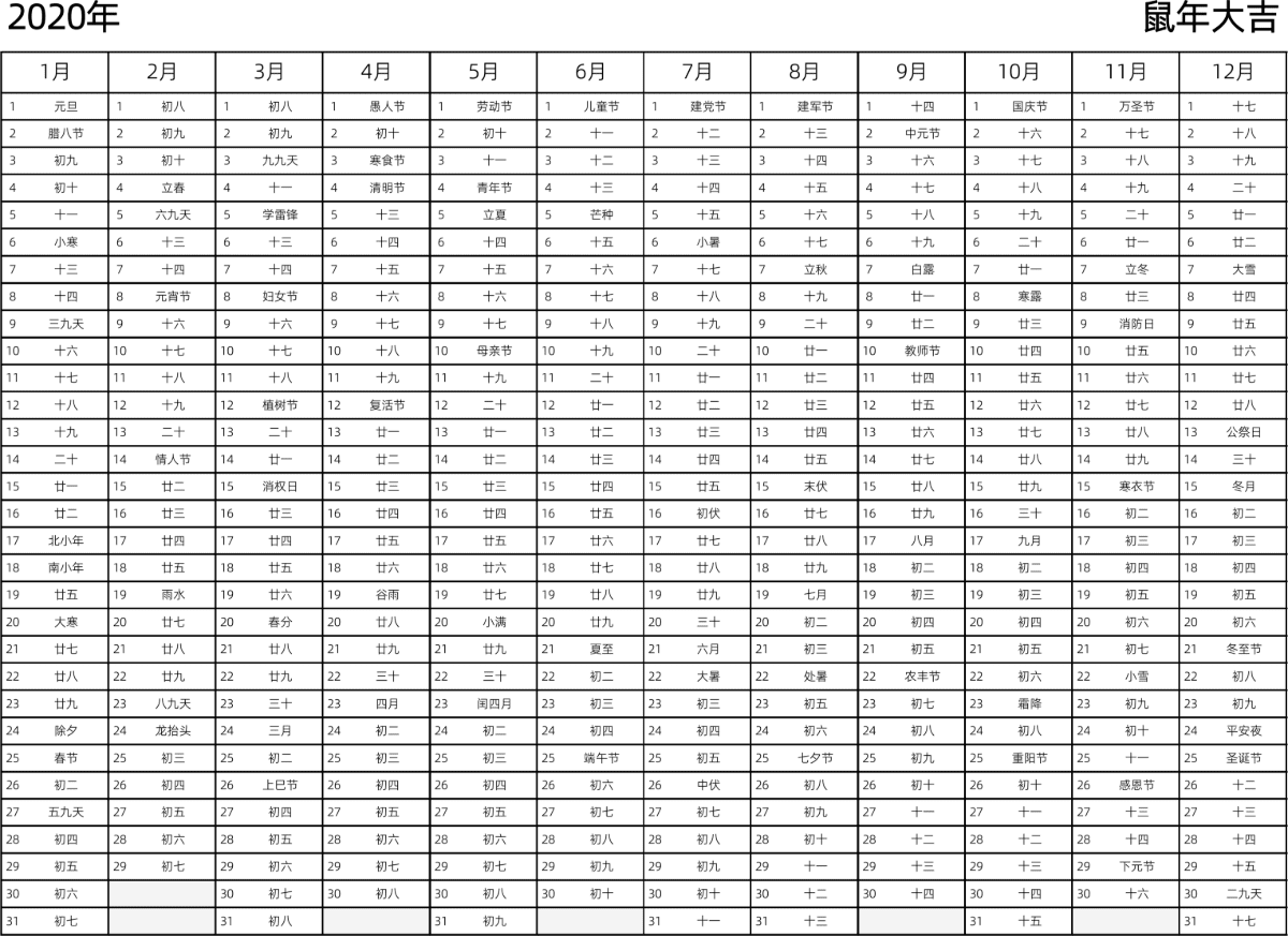 模板[DF002] 日历表 2020年 日历 中文版 带农历