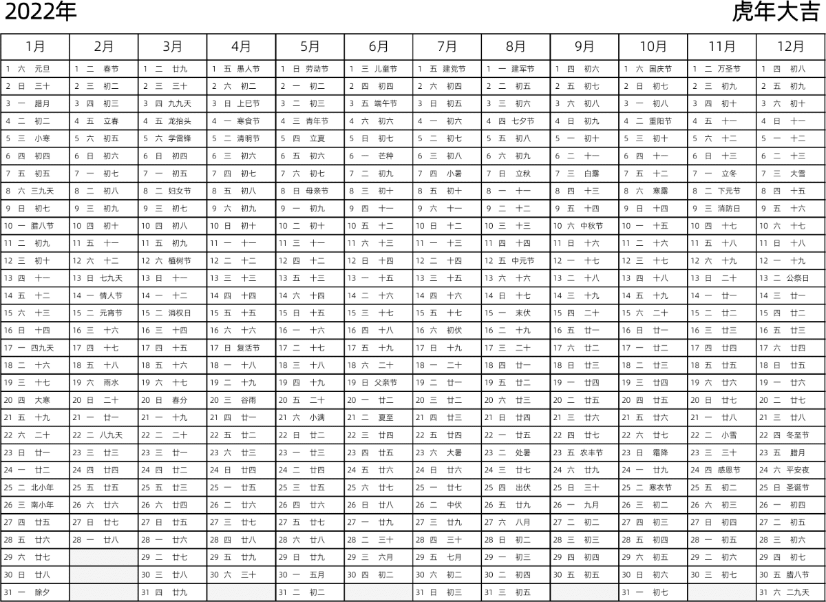 模板[DF002] 日历表 2022年 日历 中文版 带星期 带农历 带节假日调休安排