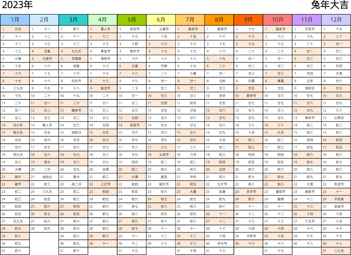 模板[DF002] 日历表 2023年 日历 中文版 带农历 彩色系列