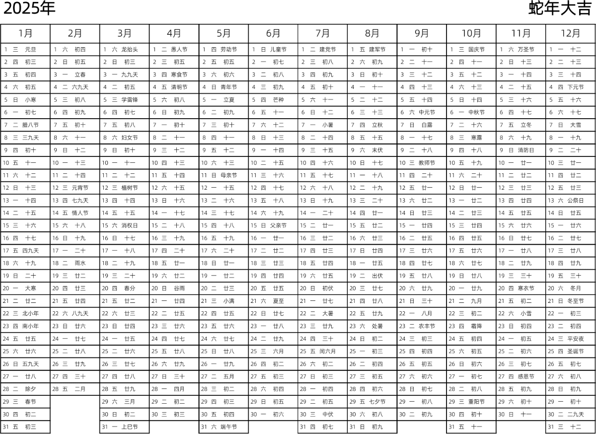 模板[DF002] 日历表 2025年 日历 中文版 带星期 带农历