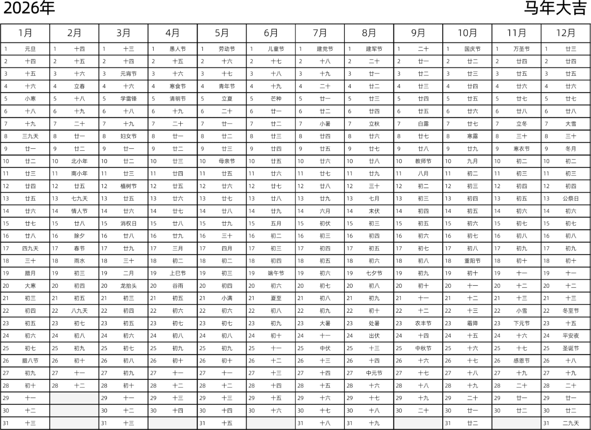 模板[DF002] 日历表 2026年 日历 中文版 带农历