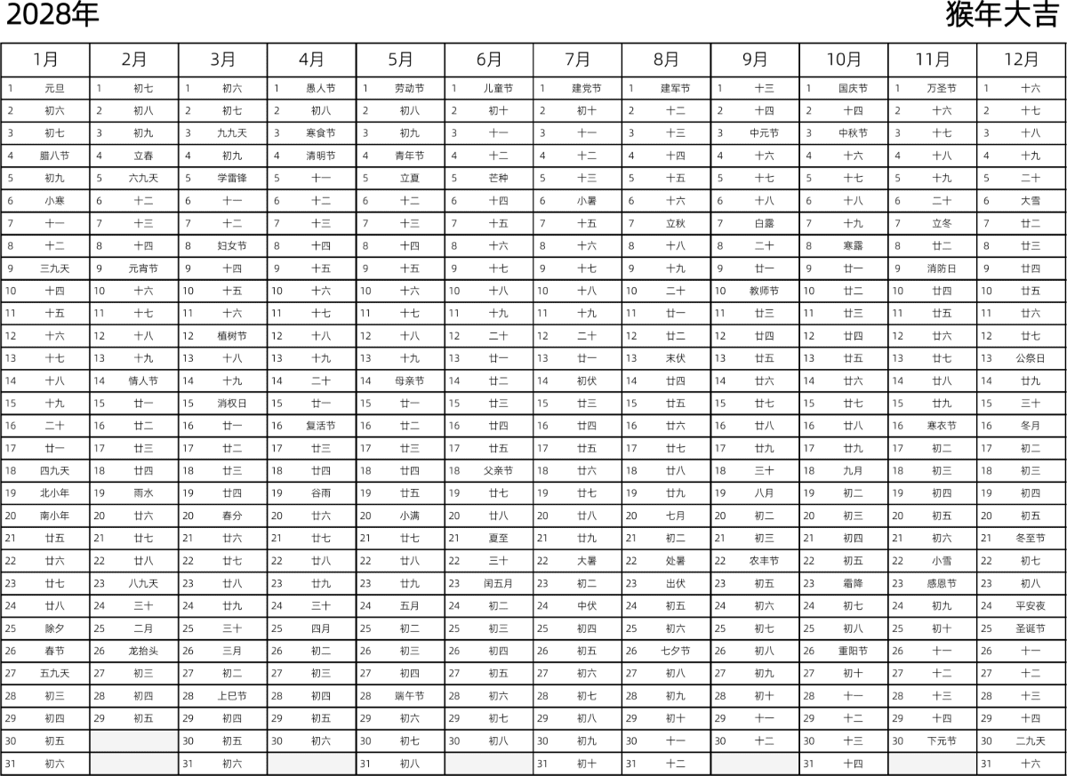 模板[DF002] 日历表 2028年 日历 中文版 带农历