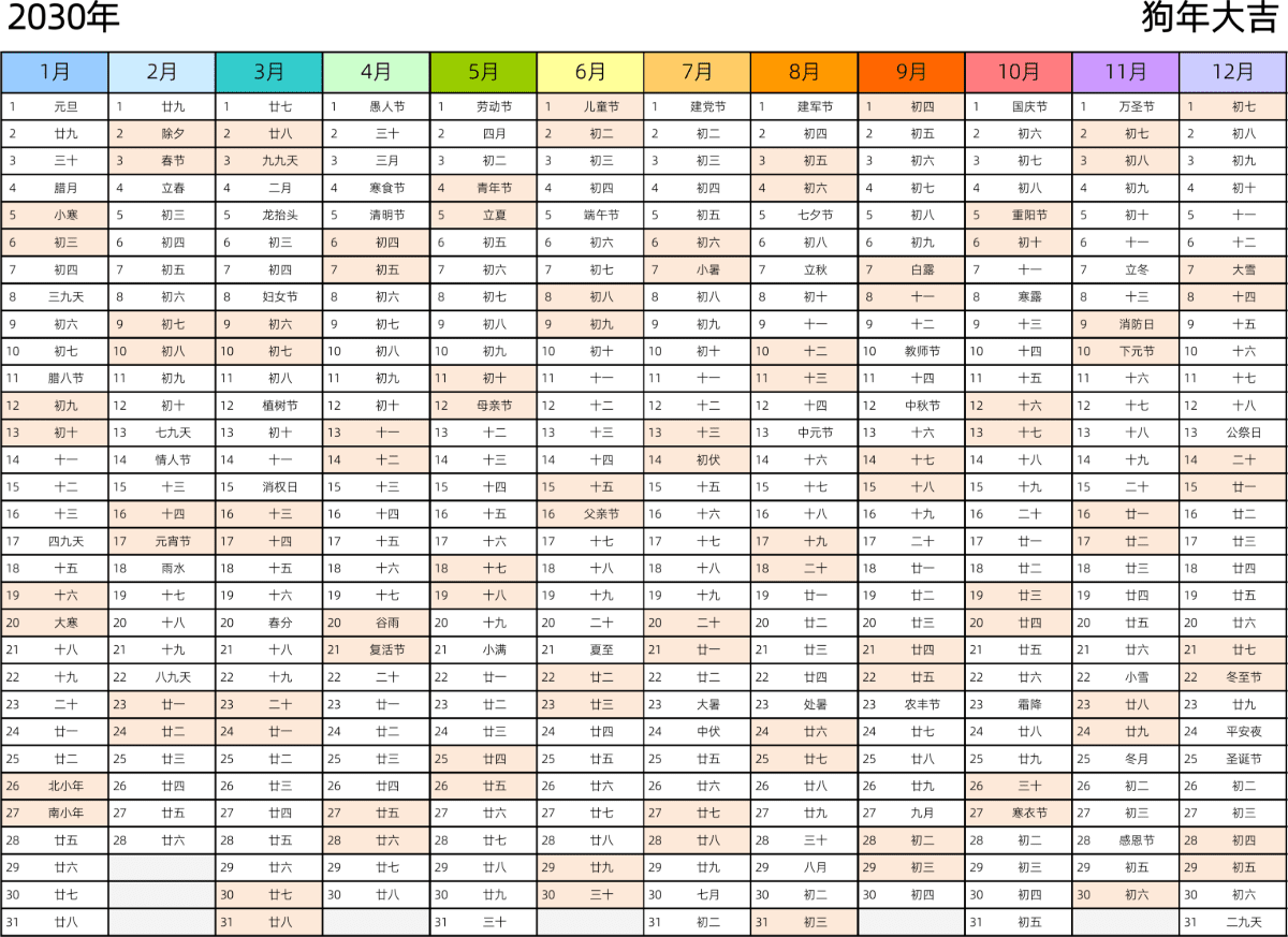 模板[DF002] 日历表 2030年 日历 中文版 带农历 带节假日调休安排 彩色系列