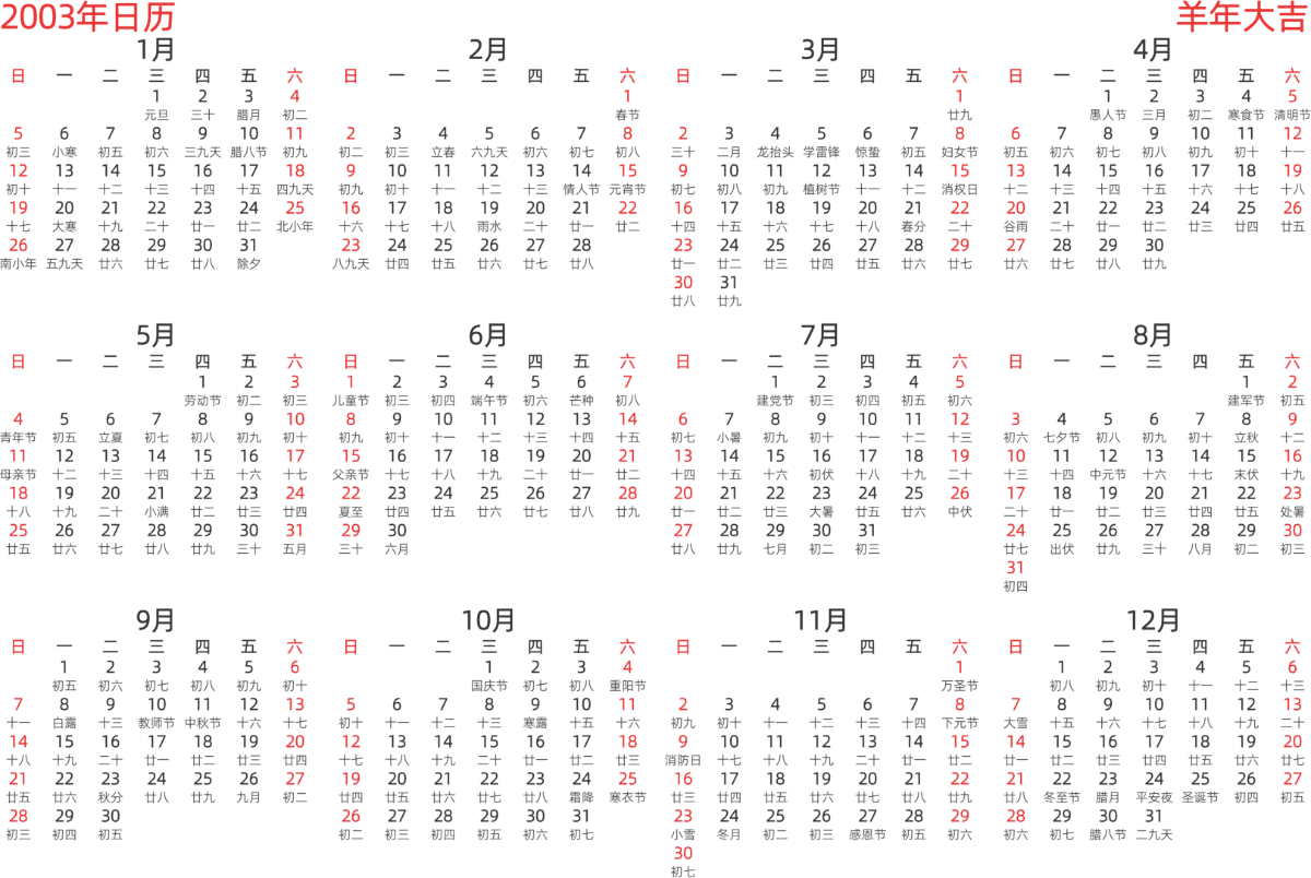模板[DF003] 日历表 2003年 日历 中文版 横向排版 周日开始 带农历