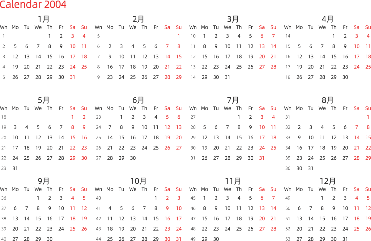 模板[DF003] 日历表 2004年 日历 英文版 横向排版 周一开始 带周数