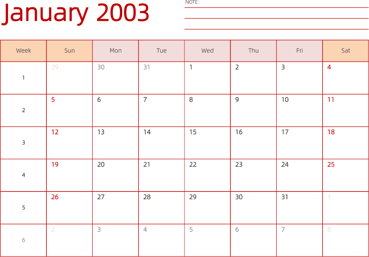 模板[DF006] 日历表 2003年 日历 英文版 横向排版 周日开始 带周数 带节假日调休安排