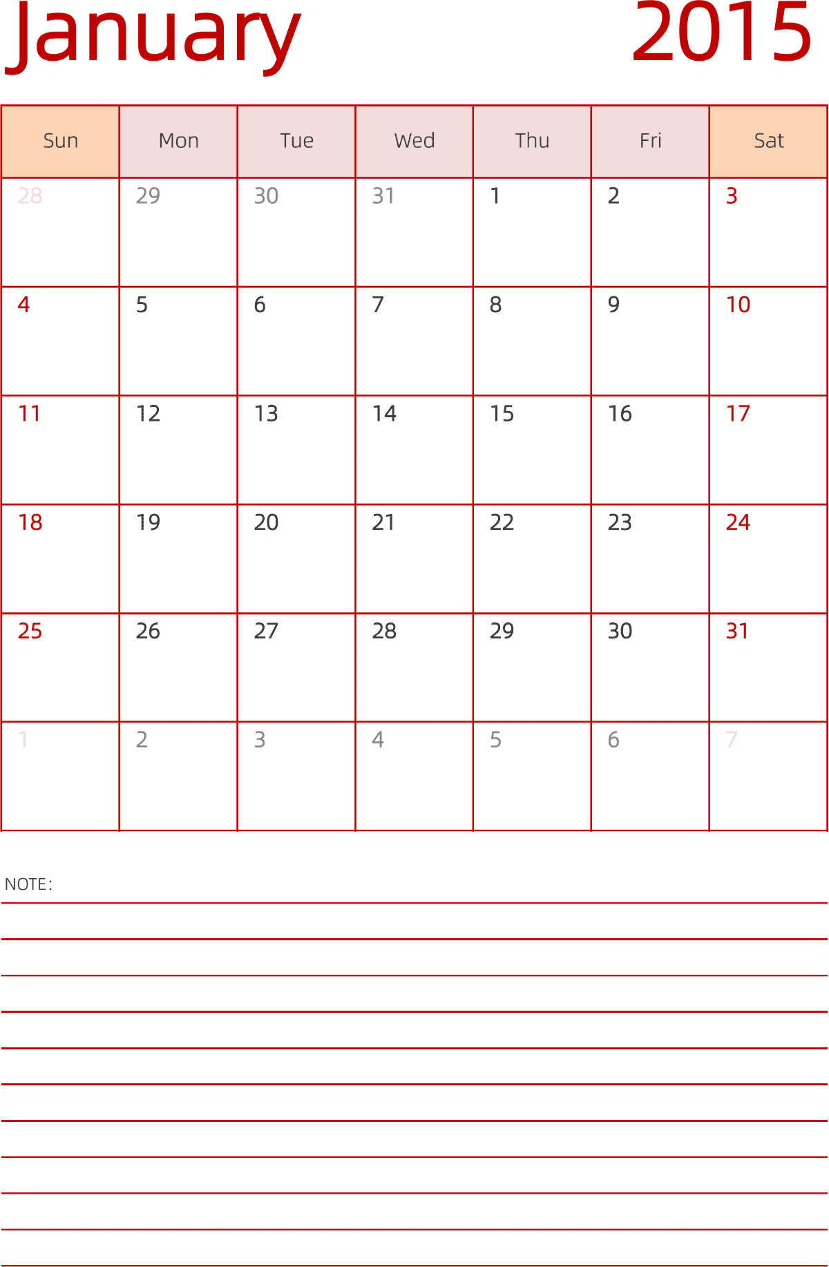 模板[DF006] 日历表 2015年 日历 英文版 纵向排版 周日开始 带节假日调休安排