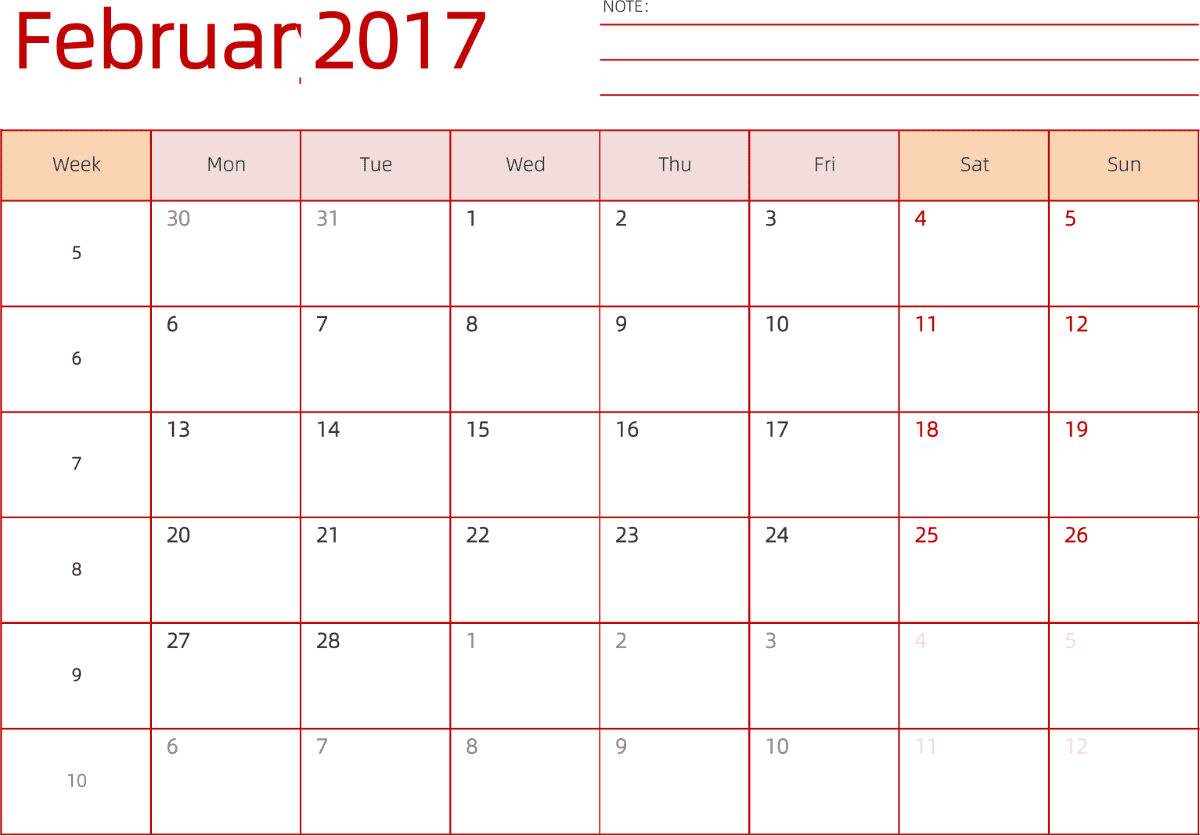 模板[DF006] 日历表 2017年 日历 英文版 横向排版 周一开始 带周数 带节假日调休安排
