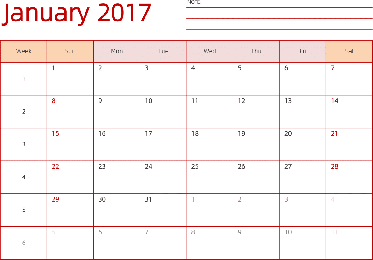 模板[DF006] 日历表 2017年 日历 英文版 横向排版 周日开始 带周数 带节假日调休安排
