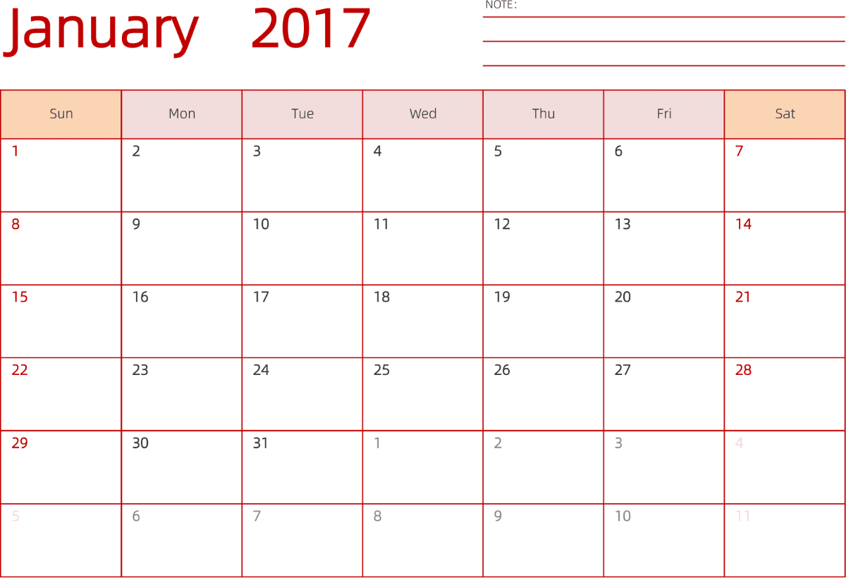 模板[DF006] 日历表 2017年 日历 英文版 横向排版 周日开始 带节假日调休安排