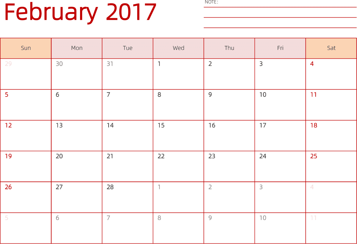 模板[DF006] 日历表 2017年 日历 英文版 横向排版 周日开始 带节假日调休安排