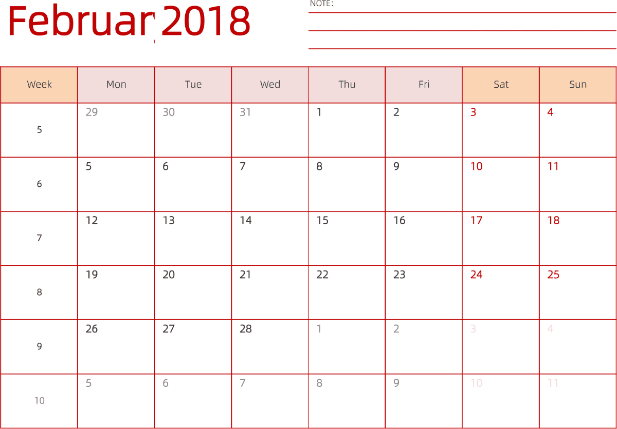 模板[DF006] 日历表 2018年 日历 英文版 横向排版 周一开始 带周数
