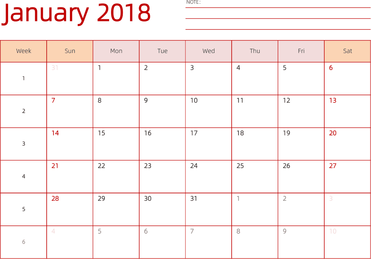 模板[DF006] 日历表 2018年 日历 英文版 横向排版 周日开始 带周数 带节假日调休安排