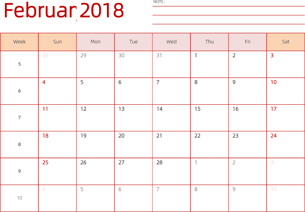 模板[DF006] 日历表 2018年 日历 英文版 横向排版 周日开始 带周数