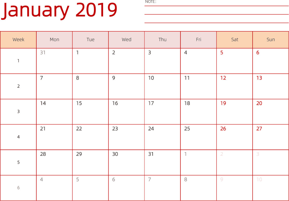 模板[DF006] 日历表 2019年 日历 英文版 横向排版 周一开始 带周数