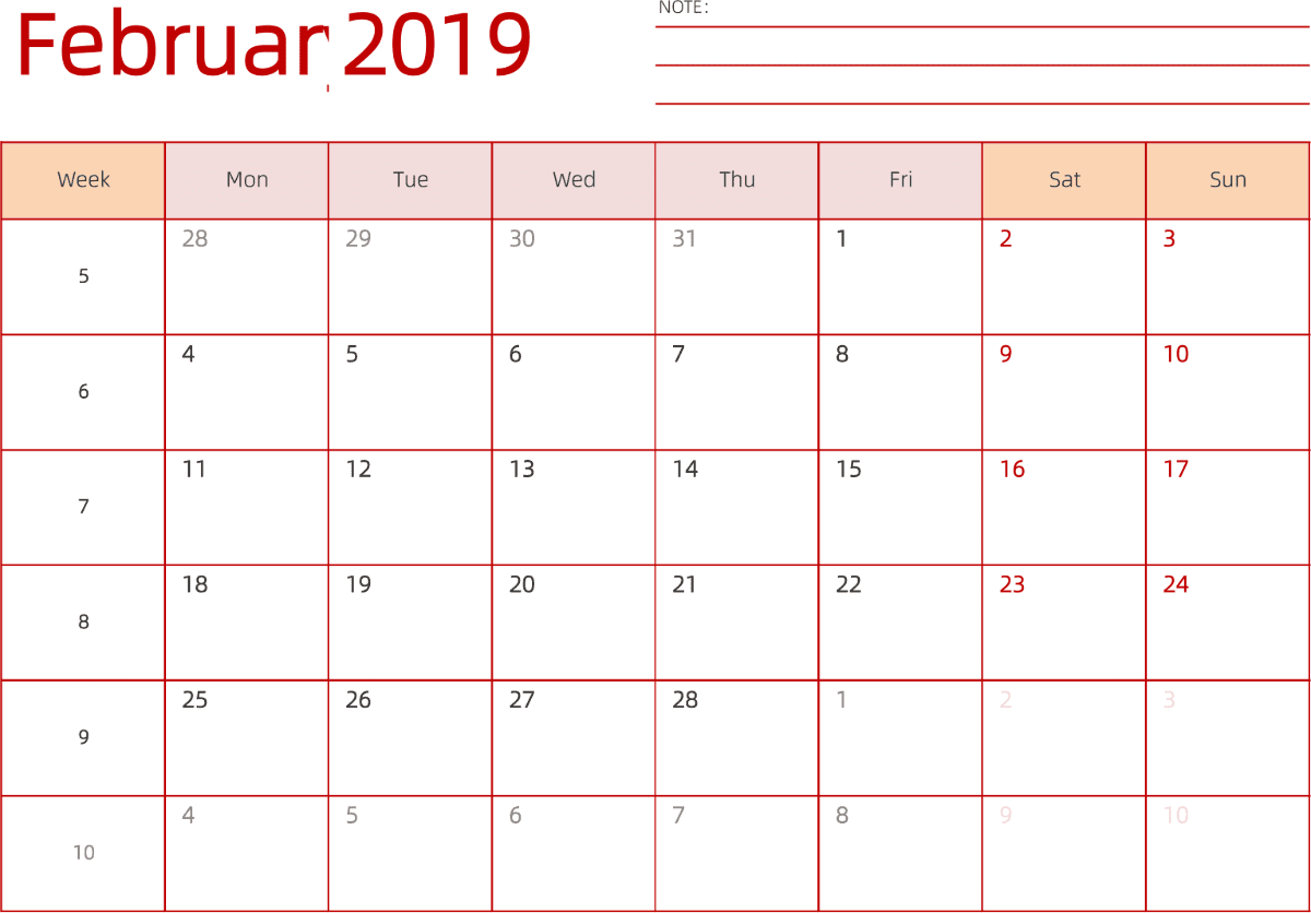 模板[DF006] 日历表 2019年 日历 英文版 横向排版 周一开始 带周数