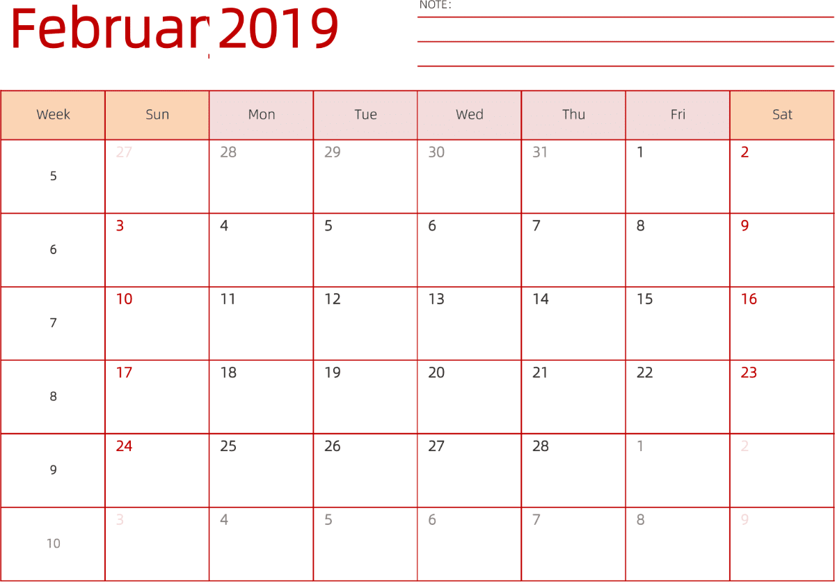 模板[DF006] 日历表 2019年 日历 英文版 横向排版 周日开始 带周数 带节假日调休安排