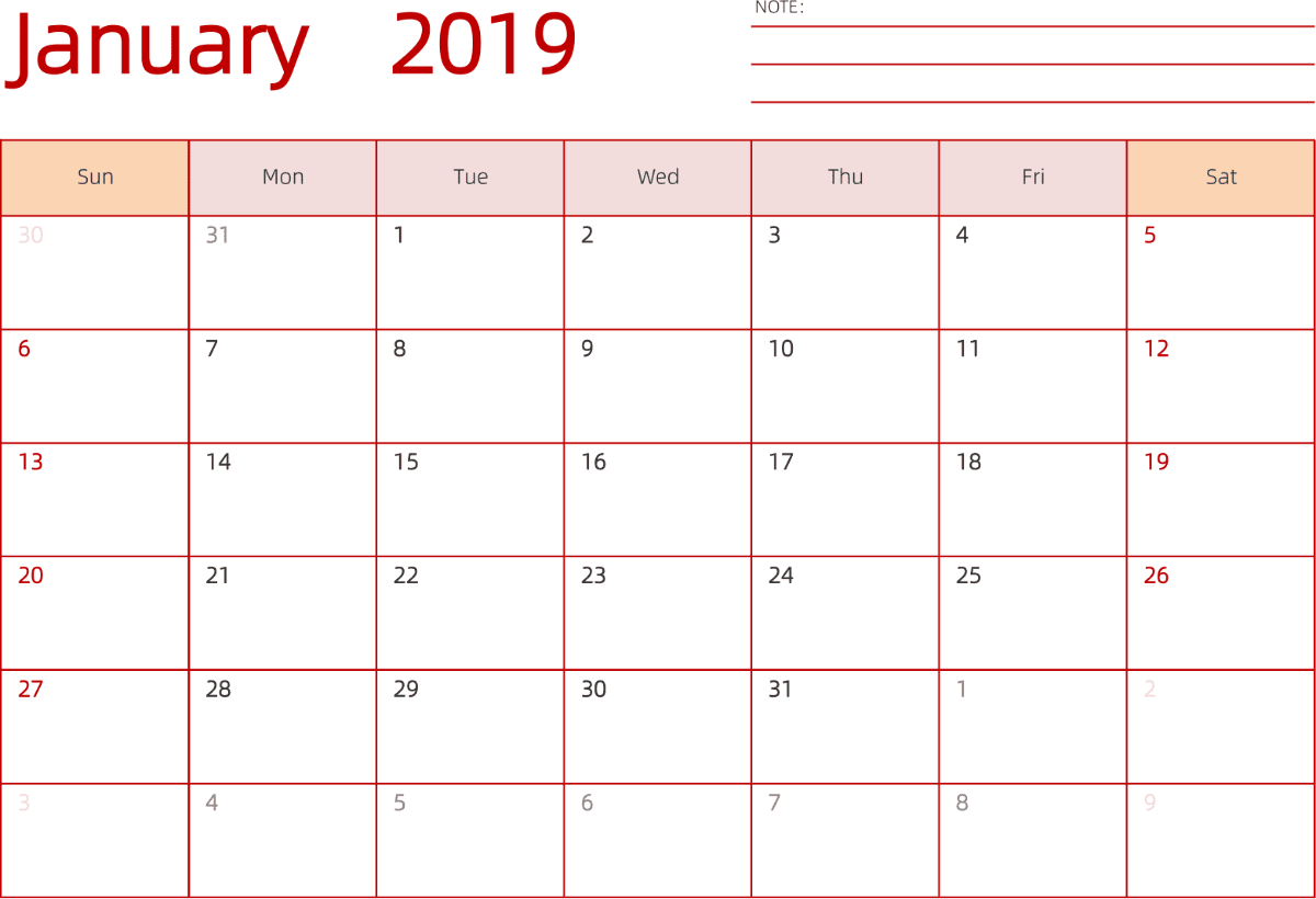 模板[DF006] 日历表 2019年 日历 英文版 横向排版 周日开始