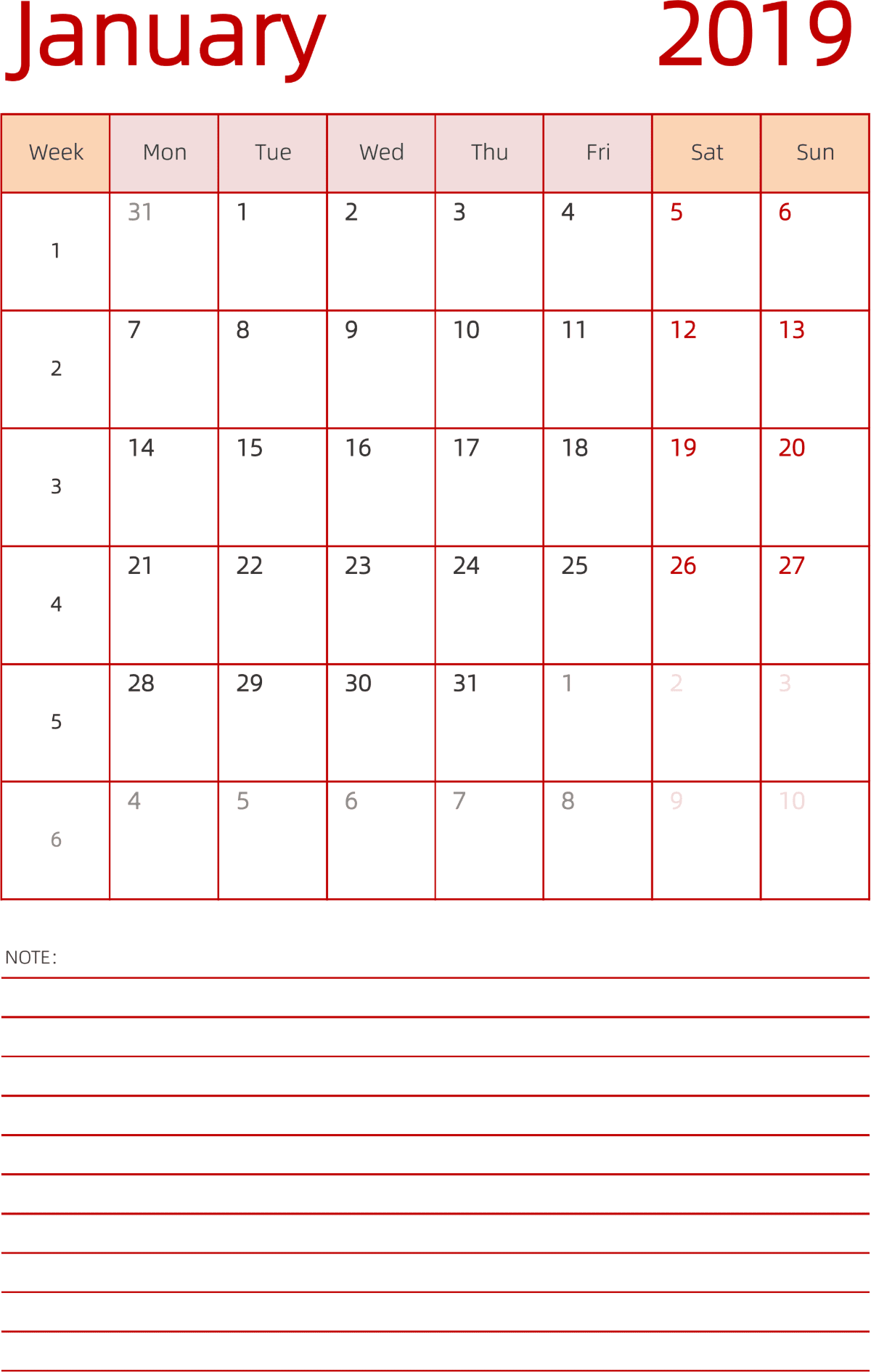 模板[DF006] 日历表 2019年 日历 英文版 纵向排版 周一开始 带周数