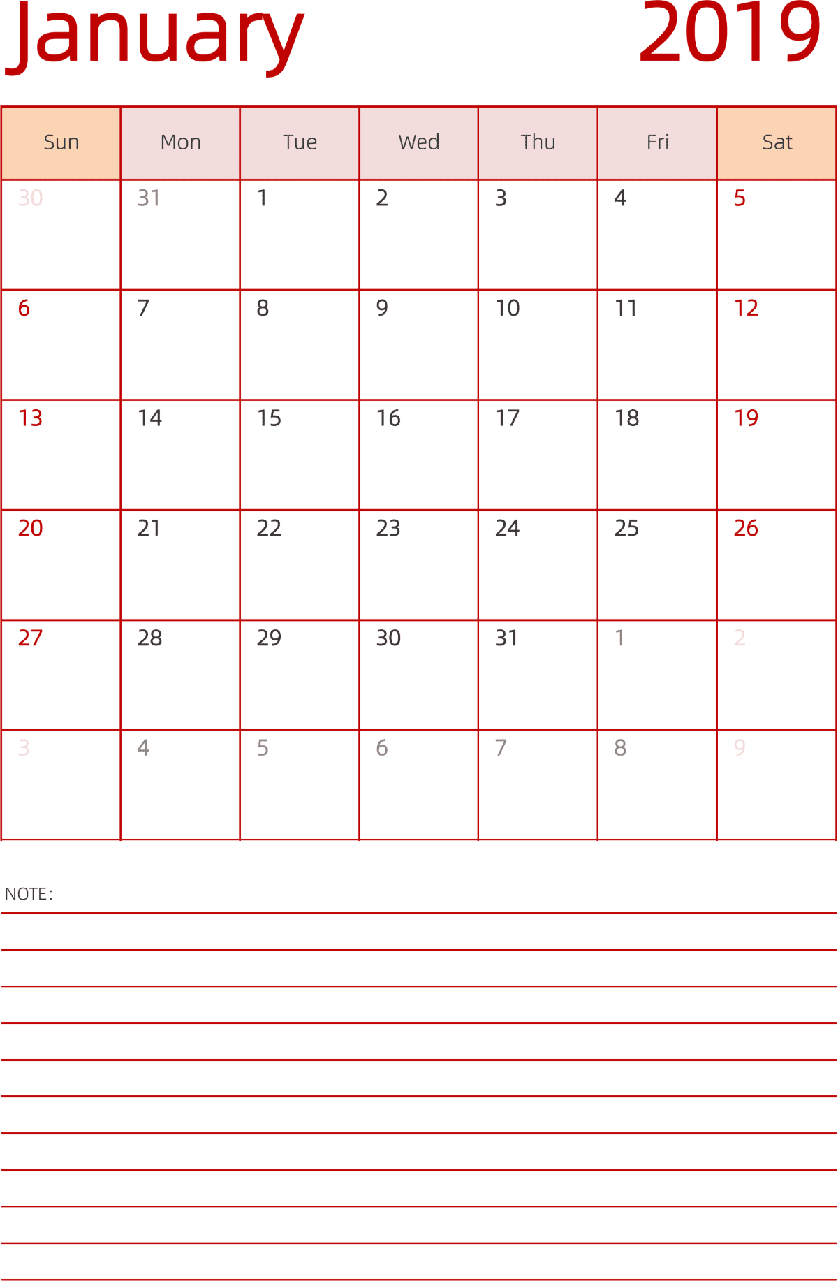 模板[DF006] 日历表 2019年 日历 英文版 纵向排版 周日开始 带节假日调休安排