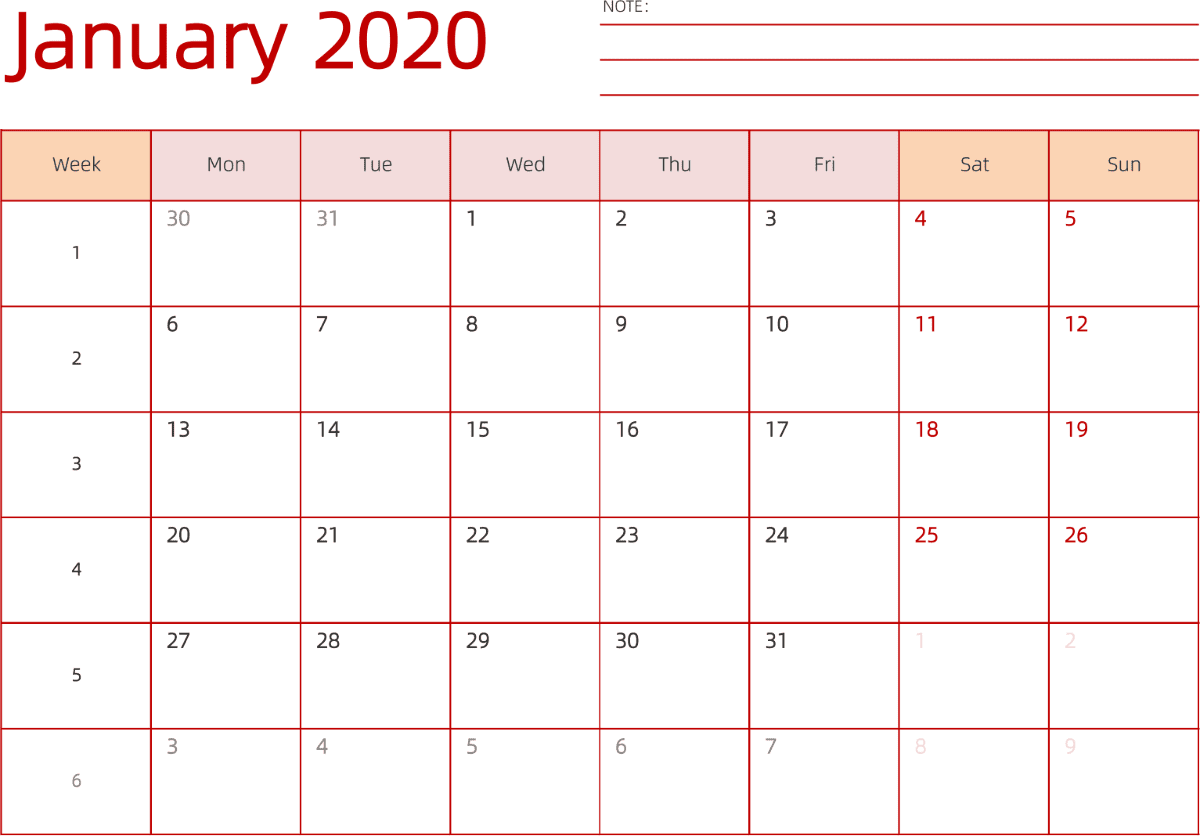 模板[DF006] 日历表 2020年 日历 英文版 横向排版 周一开始 带周数
