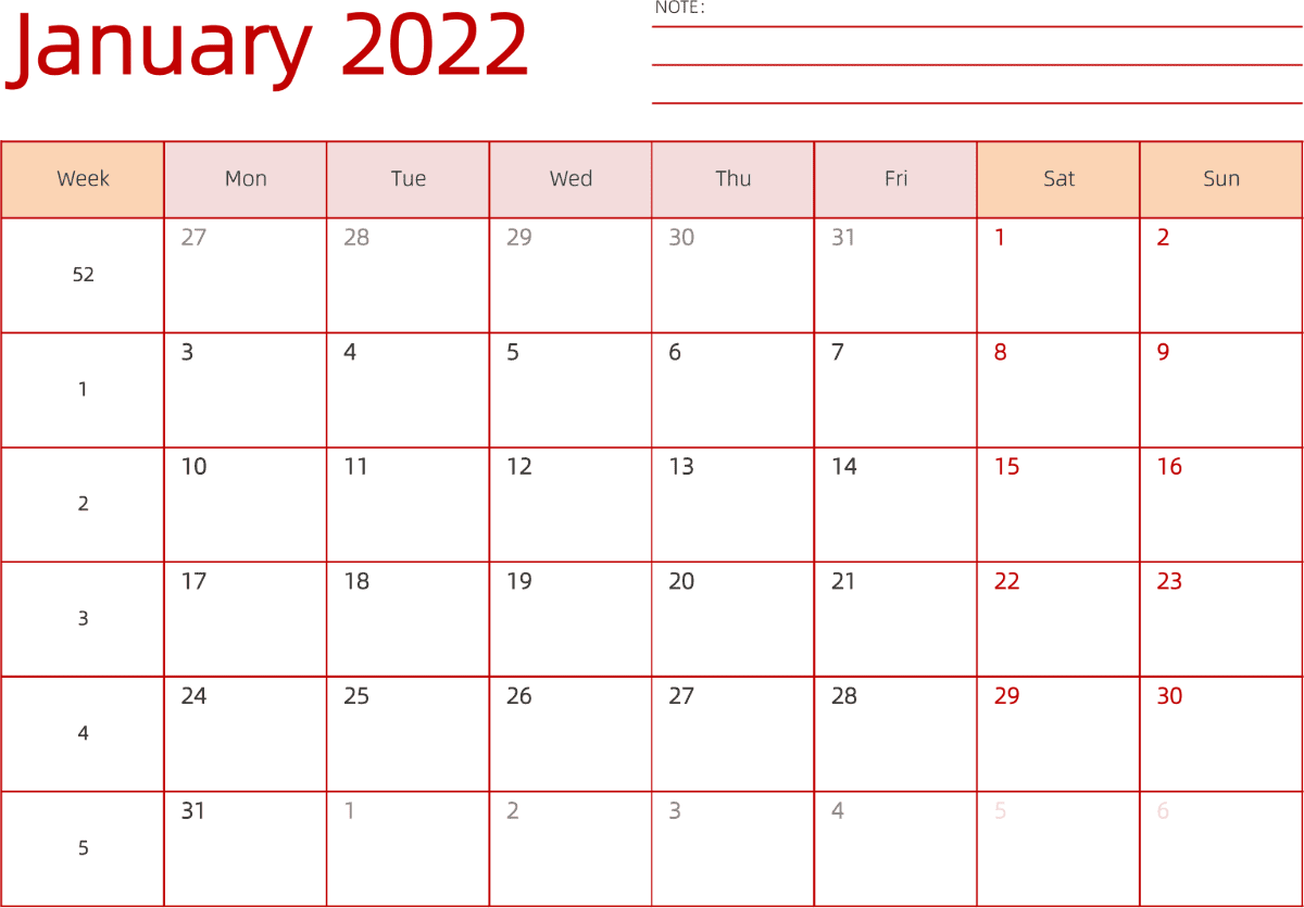 模板[DF006] 日历表 2022年 日历 英文版 横向排版 周一开始 带周数