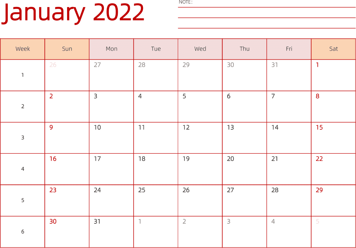 模板[DF006] 日历表 2022年 日历 英文版 横向排版 周日开始 带周数