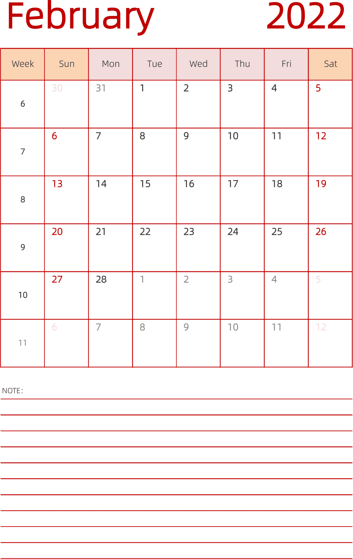 模板[DF006] 日历表 2022年 日历 英文版 纵向排版 周日开始 带周数