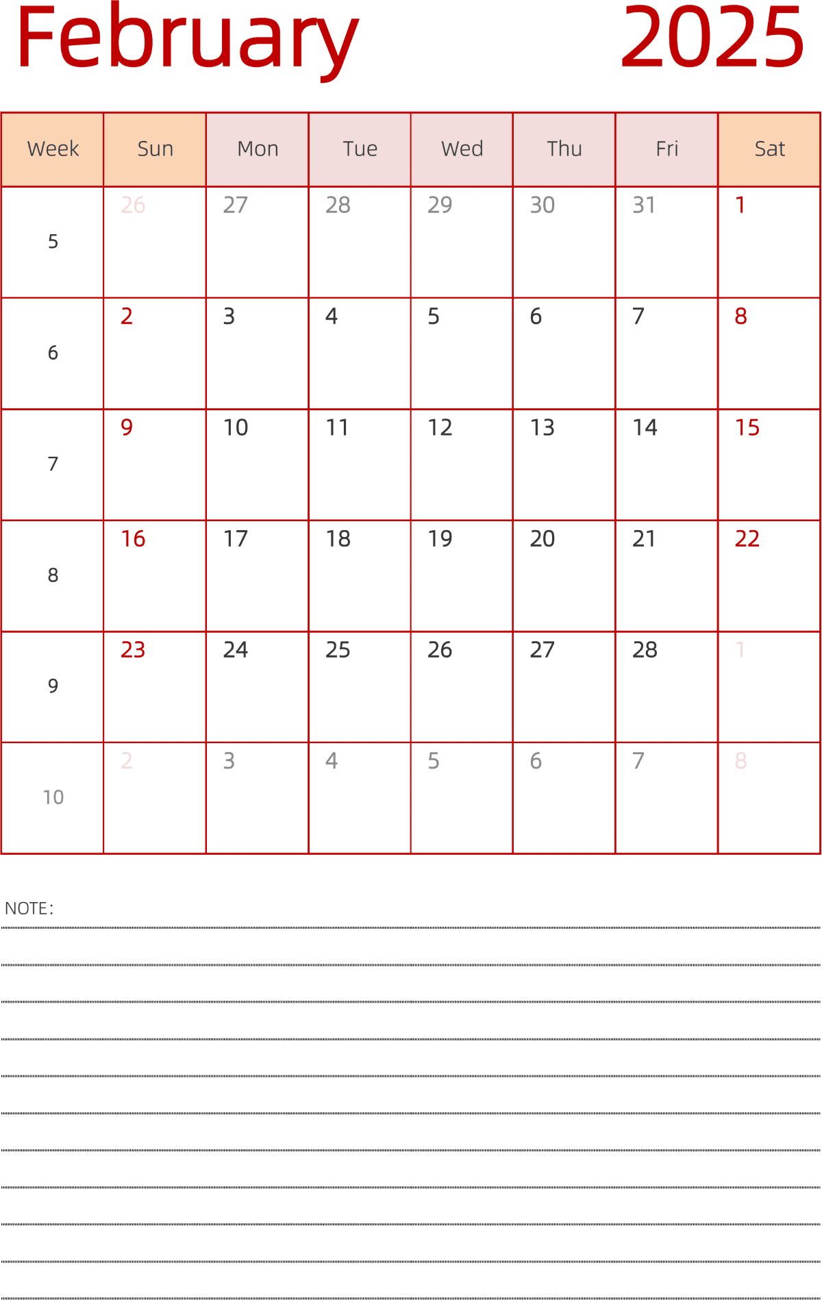 模板[DF006] 日历表 2025年 日历 英文版 纵向排版 周日开始 带周数 带节假日调休安排