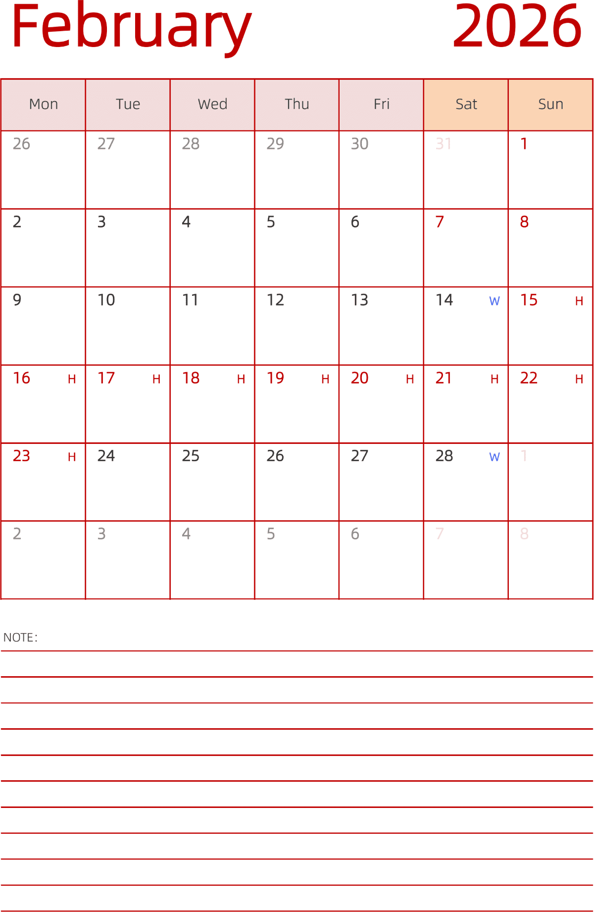 模板[DF006] 日历表 2026年 日历 英文版 纵向排版 周一开始 带节假日调休安排