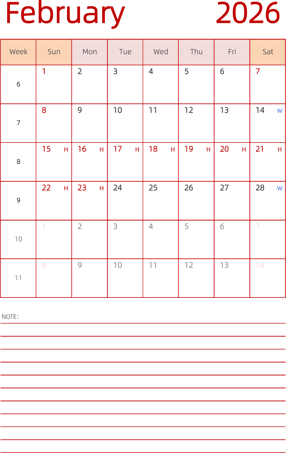 模板[DF006] 日历表 2026年 日历 英文版 纵向排版 周日开始 带周数 带节假日调休安排