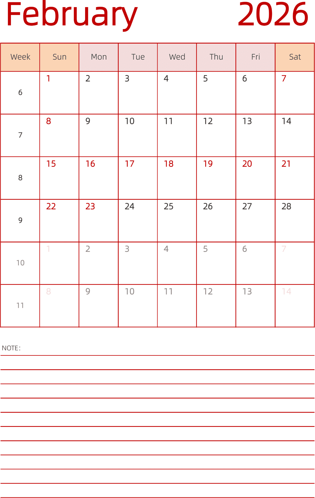 模板[DF006] 日历表 2026年 日历 英文版 纵向排版 周日开始 带周数