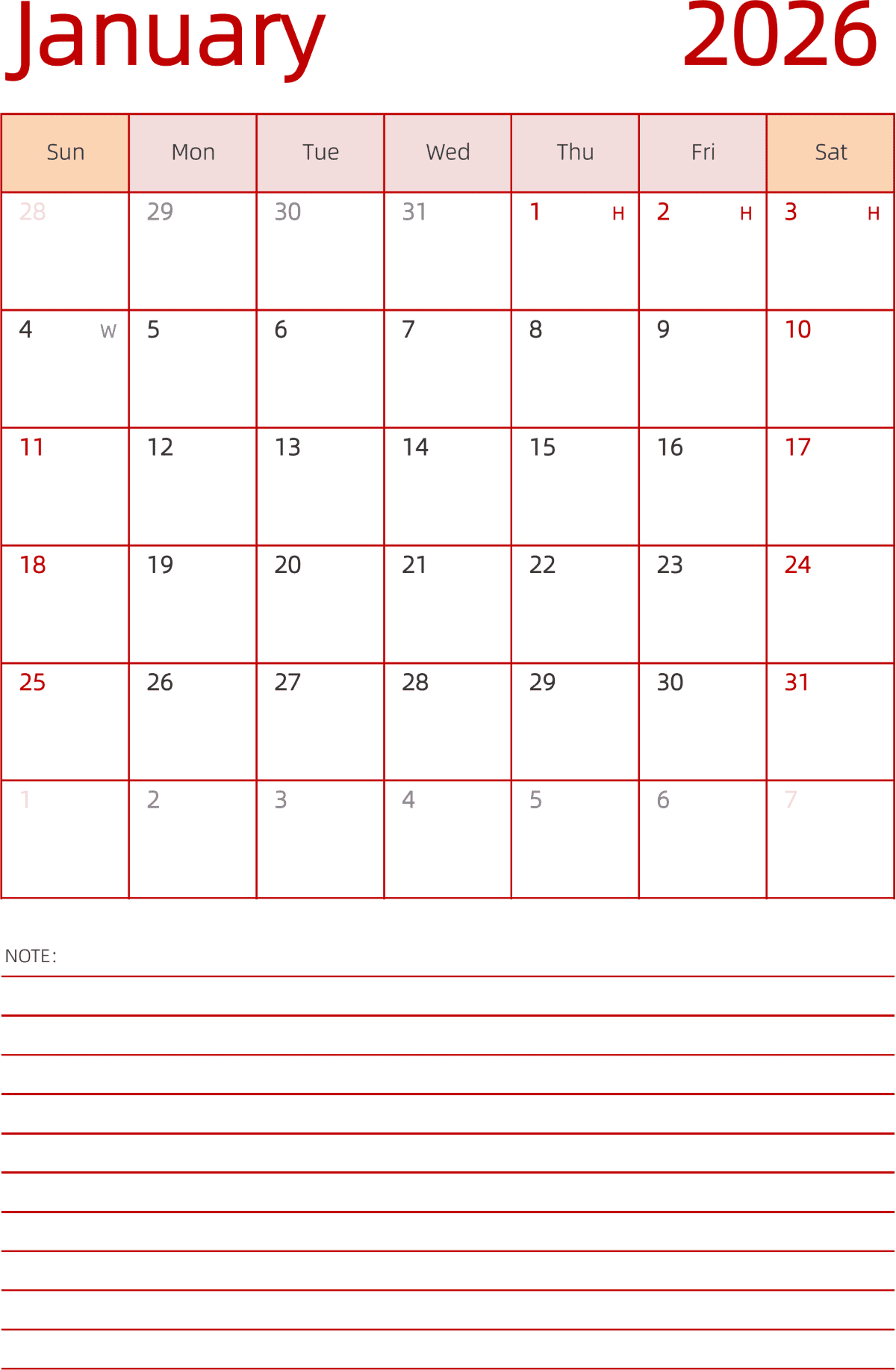 模板[DF006] 日历表 2026年 日历 英文版 纵向排版 周日开始 带节假日调休安排