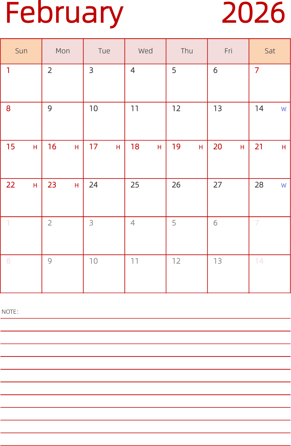 模板[DF006] 日历表 2026年 日历 英文版 纵向排版 周日开始 带节假日调休安排