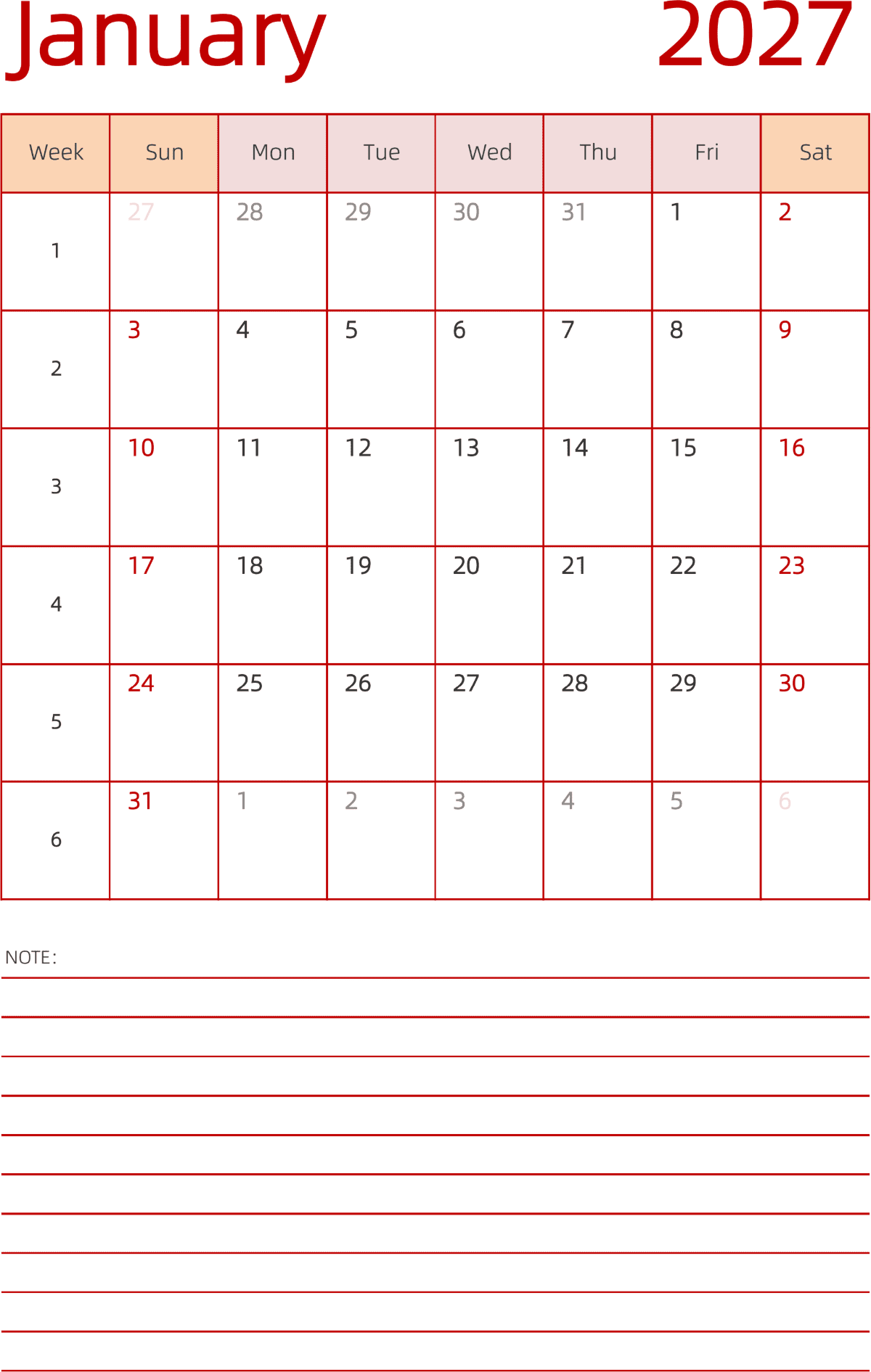 模板[DF006] 日历表 2027年 日历 英文版 纵向排版 周日开始 带周数 带节假日调休安排