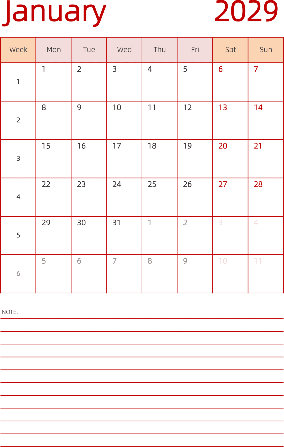 模板[DF006] 日历表 2029年 日历 英文版 纵向排版 周一开始 带周数