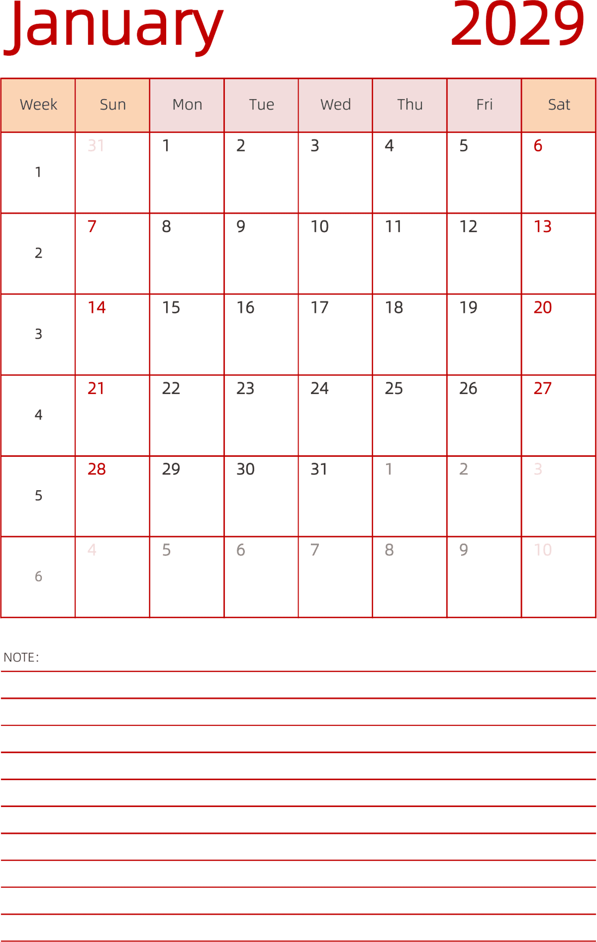 模板[DF006] 日历表 2029年 日历 英文版 纵向排版 周日开始 带周数