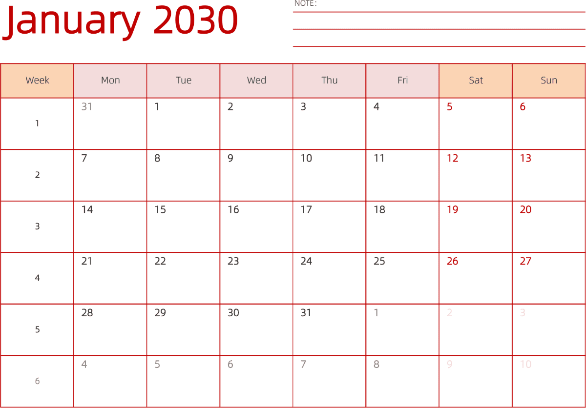 模板[DF006] 日历表 2030年 日历 英文版 横向排版 周一开始 带周数