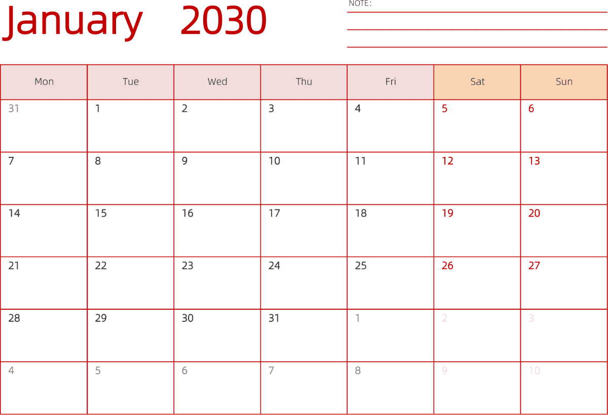 模板[DF006] 日历表 2030年 日历 英文版 横向排版 周一开始 带节假日调休安排