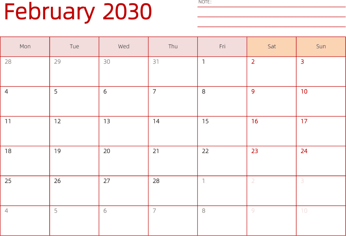 模板[DF006] 日历表 2030年 日历 英文版 横向排版 周一开始