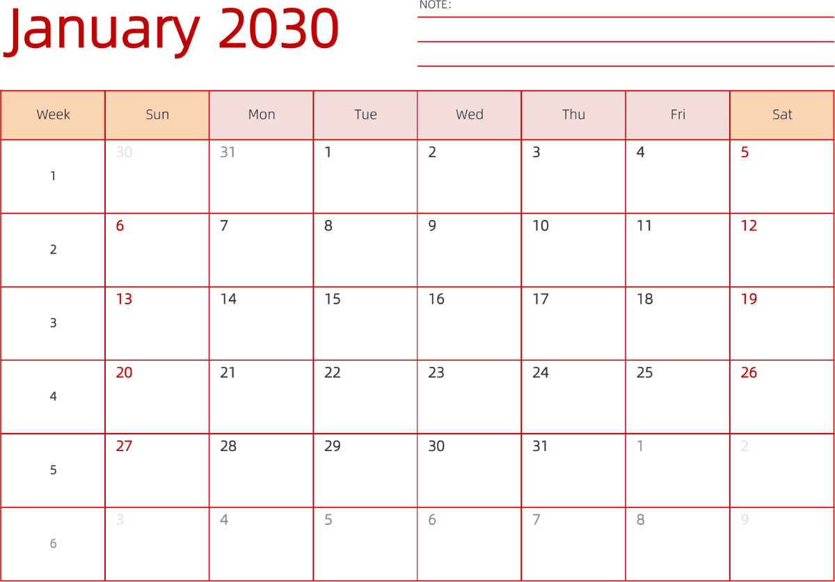 模板[DF006] 日历表 2030年 日历 英文版 横向排版 周日开始 带周数 带节假日调休安排
