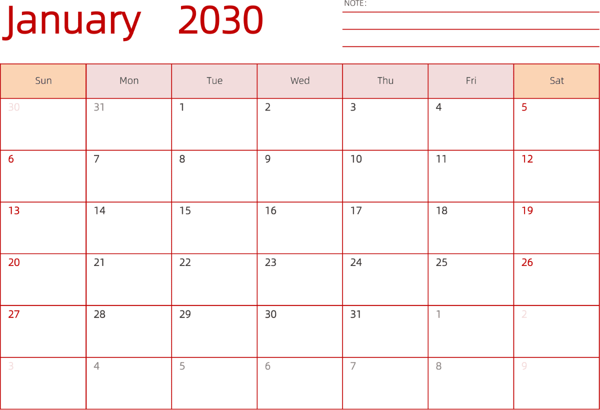 模板[DF006] 日历表 2030年 日历 英文版 横向排版 周日开始 带节假日调休安排