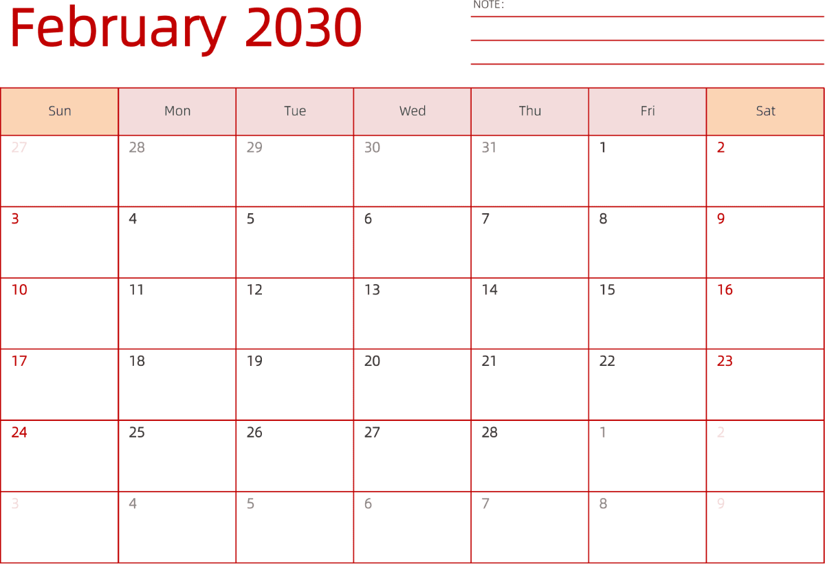 模板[DF006] 日历表 2030年 日历 英文版 横向排版 周日开始