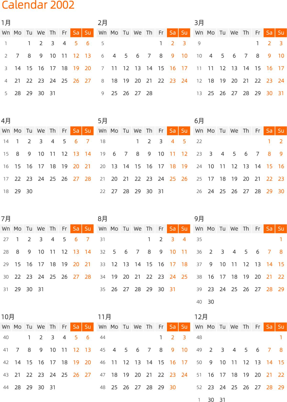 模板[DF008] 日历表 2002年 日历 英文版 纵向排版 周一开始 带周数 带节假日调休安排