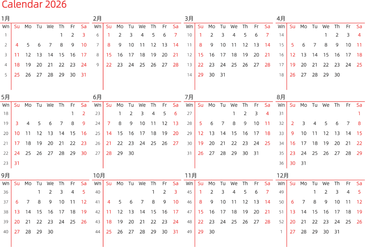 模板[DF010] 日历表 2026年 日历 英文版 横向排版 周日开始 带周数